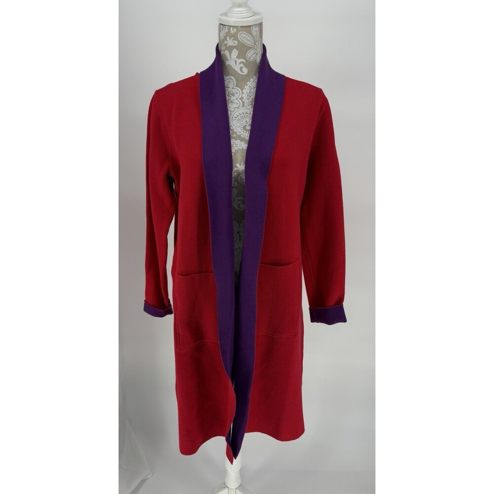 IMAN Open Front Colorblock Cardigan Red Purple Longline Sweater Women’s S Coat